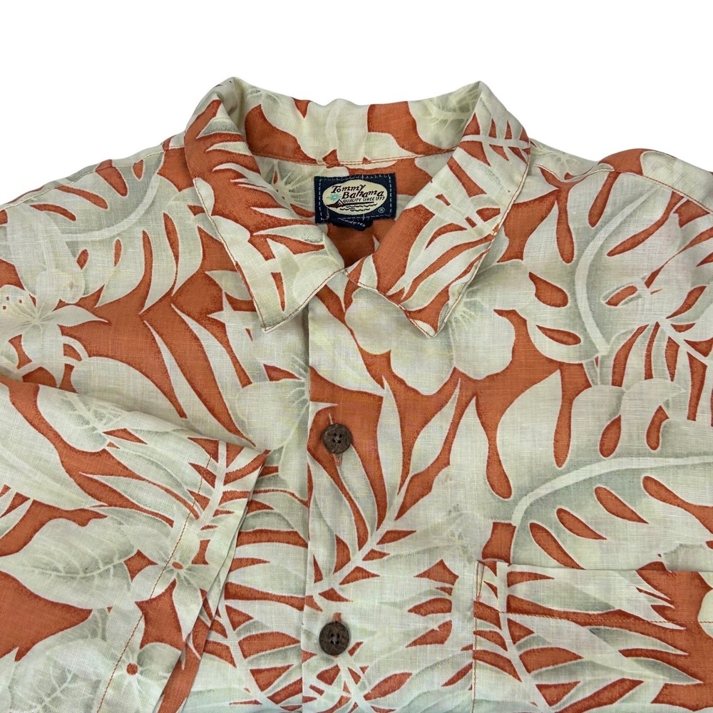 Tommy Bahama Linen Camp Shirt Mens M Orange Floral Tropical Island Hong Kong - Picture 2 of 9